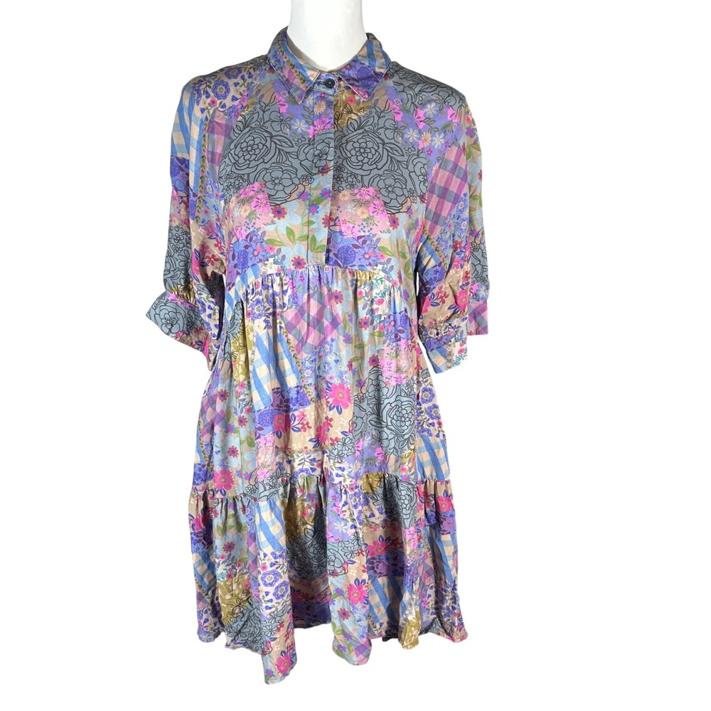 Natural Life Becca Dress Women Medium Multicolor Patchwork Floral Tiered Mini